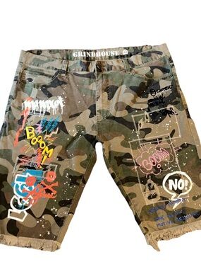 Grindhouse  Distressed Paint Splatter Camouflage Cutoff Cargo Shorts Men 42
